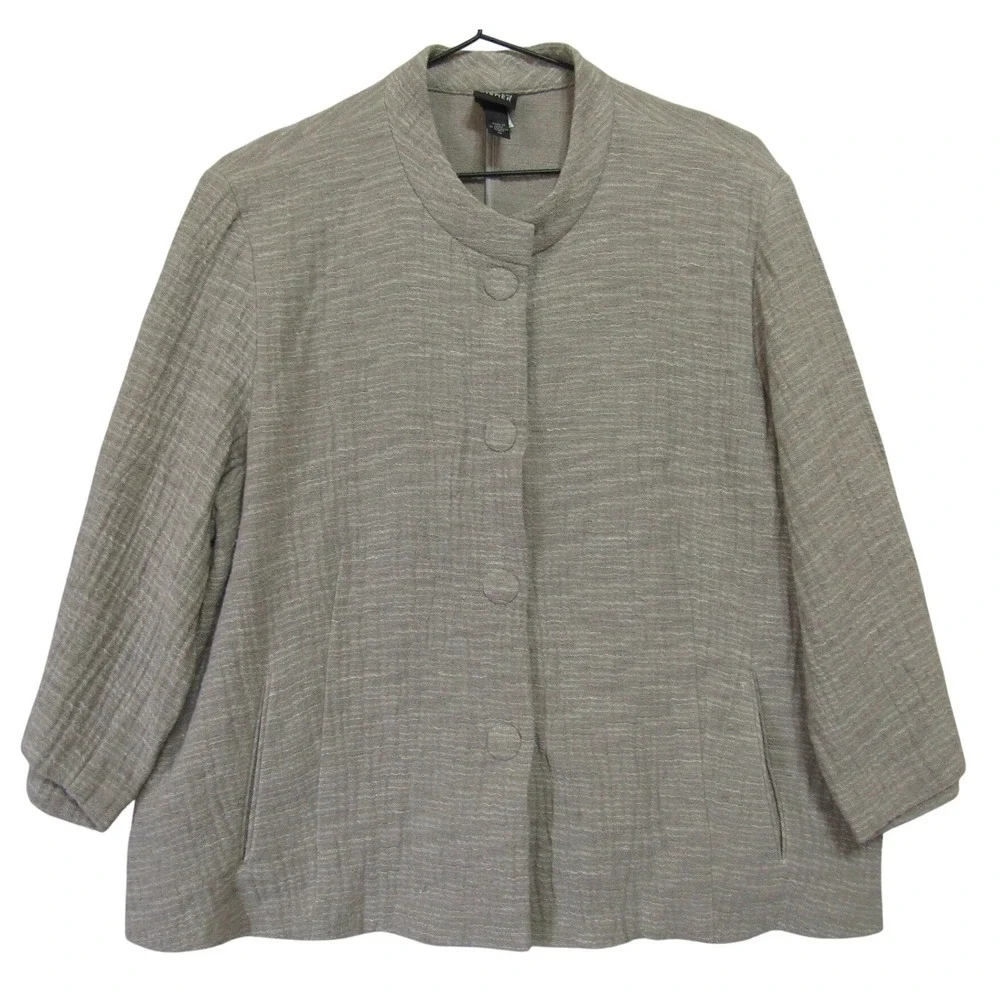 Eileen Fisher Jacket‎ Womens Beige Good Cotton Textured Mandarin Collar 3/4 Slv